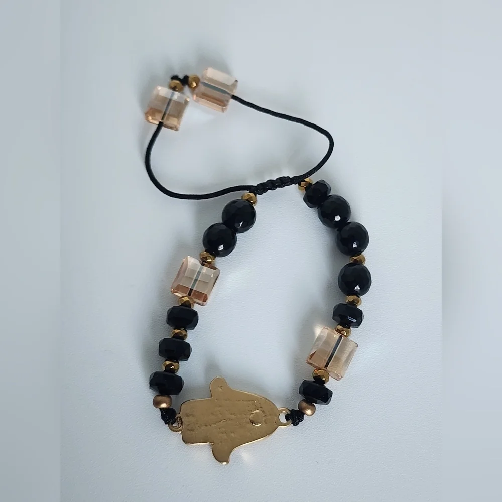 Adjustable Hamsa Hand Bracelet Black Beaded Gold Tone Crystal Accent